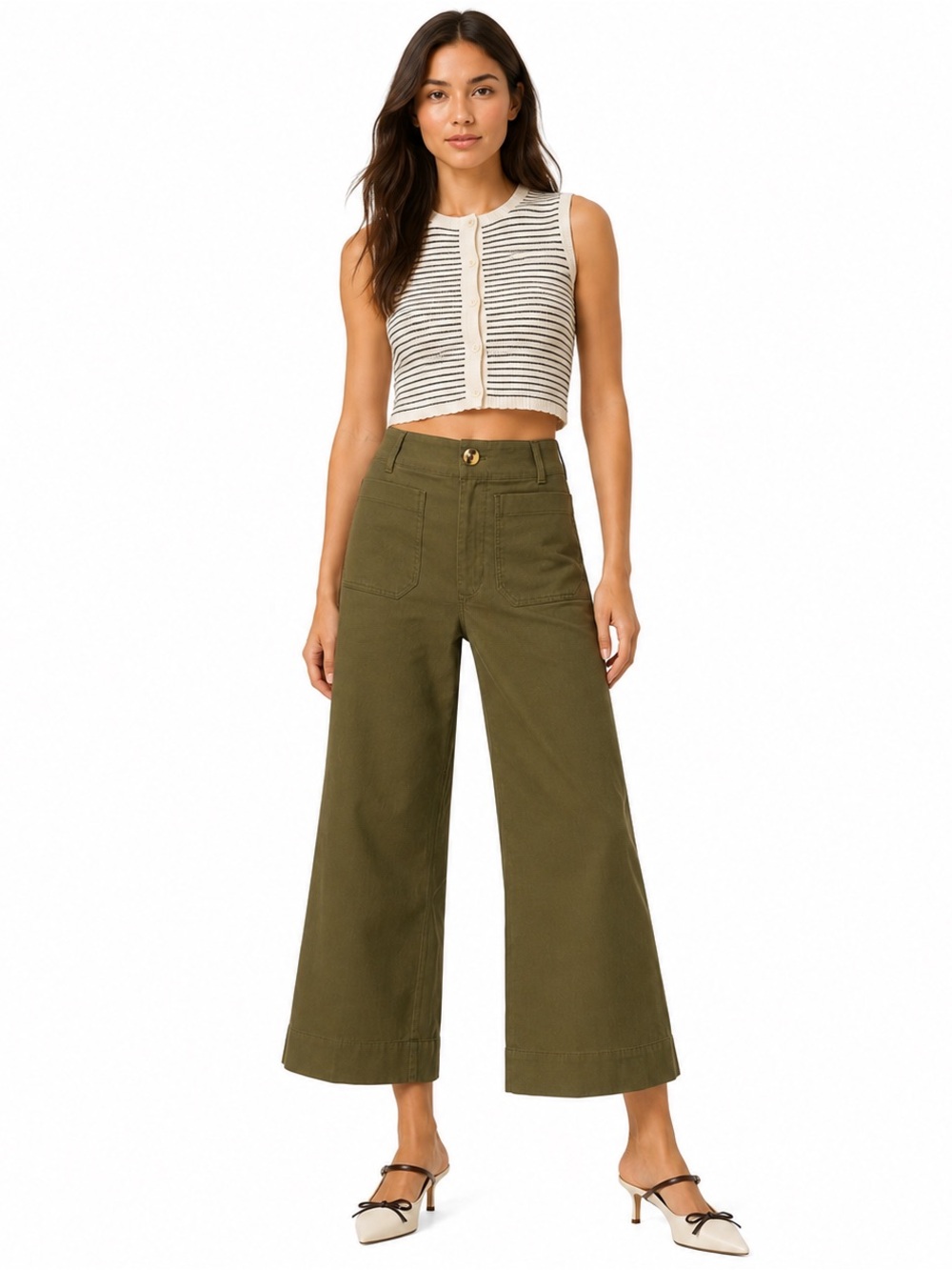 Maeve by Anthropologie The Colette High-Rise Wide-Leg Ankle Pants Olive 28 - Picture 3 of 12